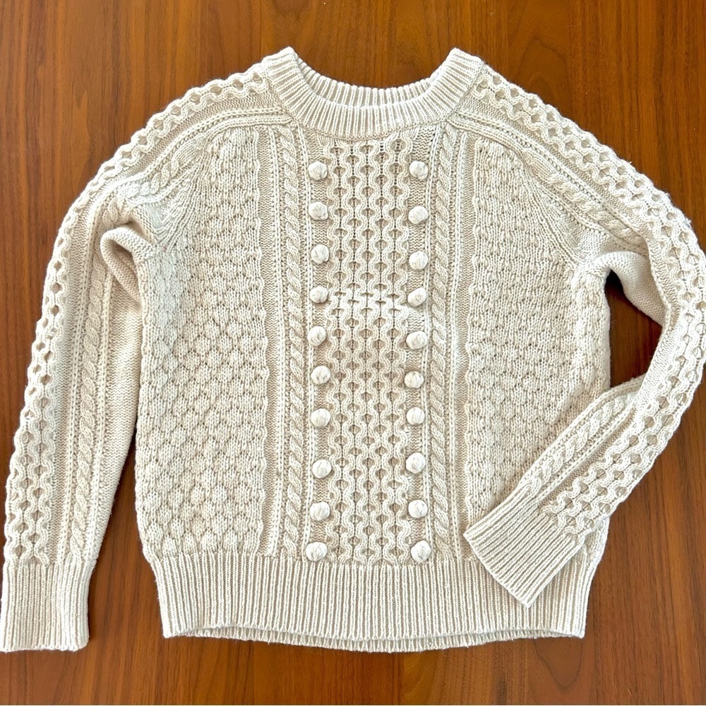 J. Crew Cream Lambs Wool Pom Pom Cable Knit Crew Neck Sweater Rory Gilmore